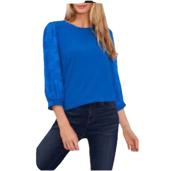 NWT Cece Size L Womens Blue Clip Dot Crew Neck Long Sleeves Blouse Stretchy New - Picture 1 of 10